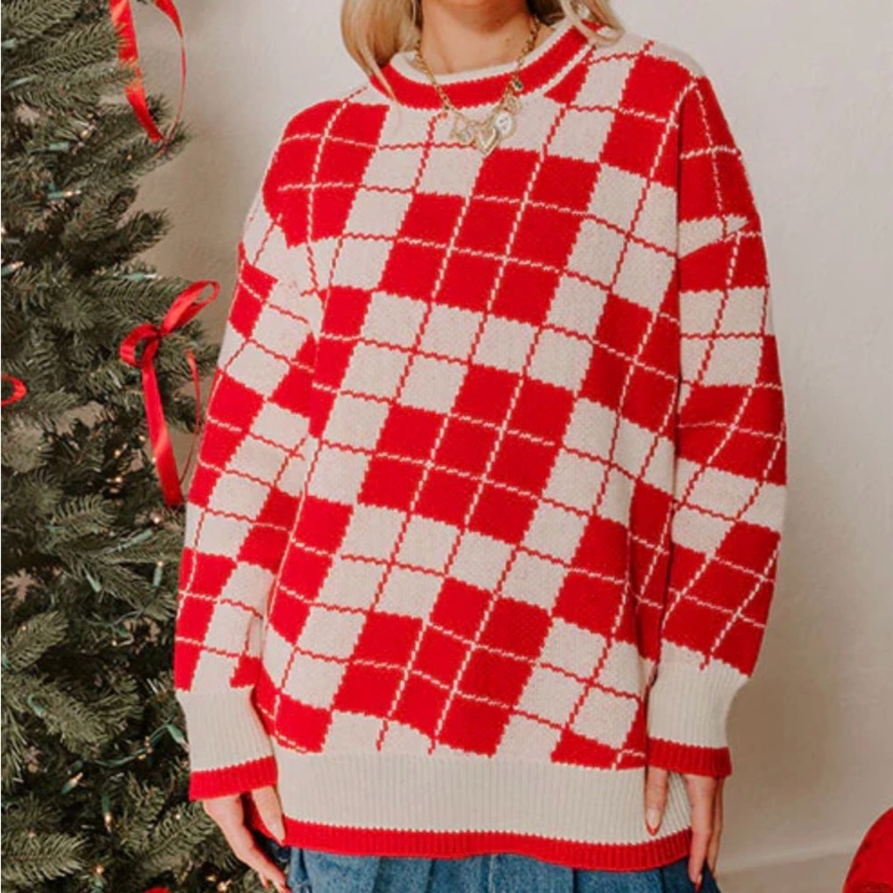Red and Cream/Off White Argyle Sweater - Picture 2 of 11